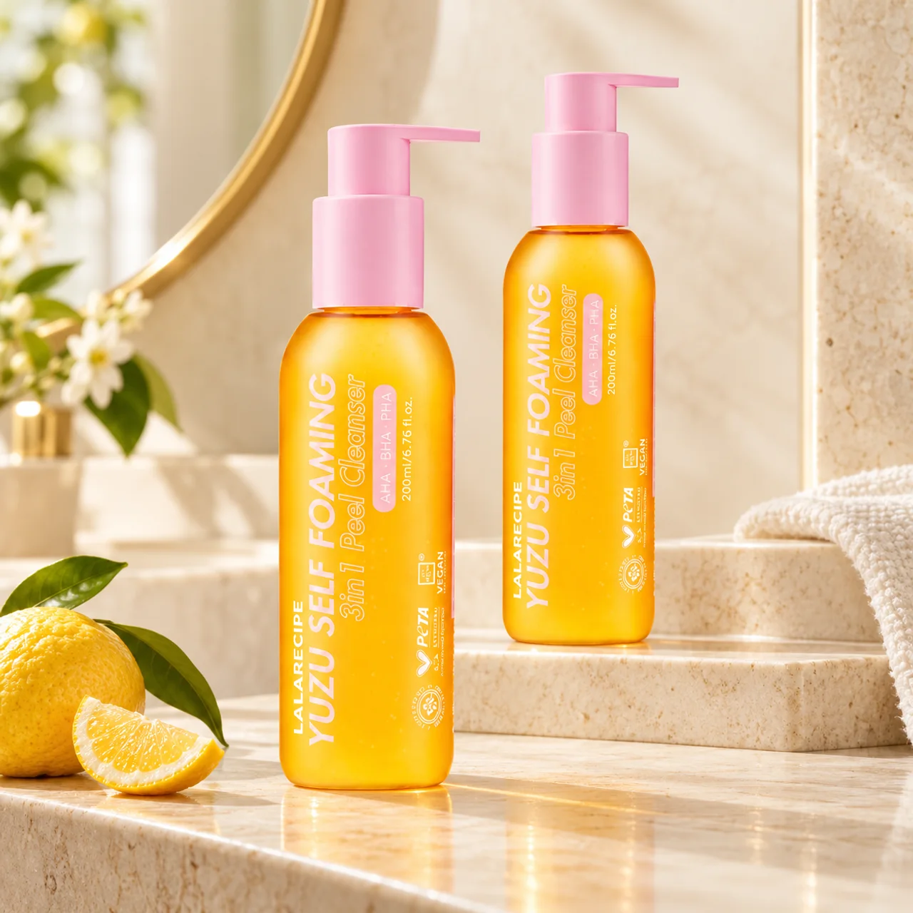Two matching 200 mL Yuzu self-foaming cleanser bottles with pink pumps on a cream vanity, one in front and one ready behind it