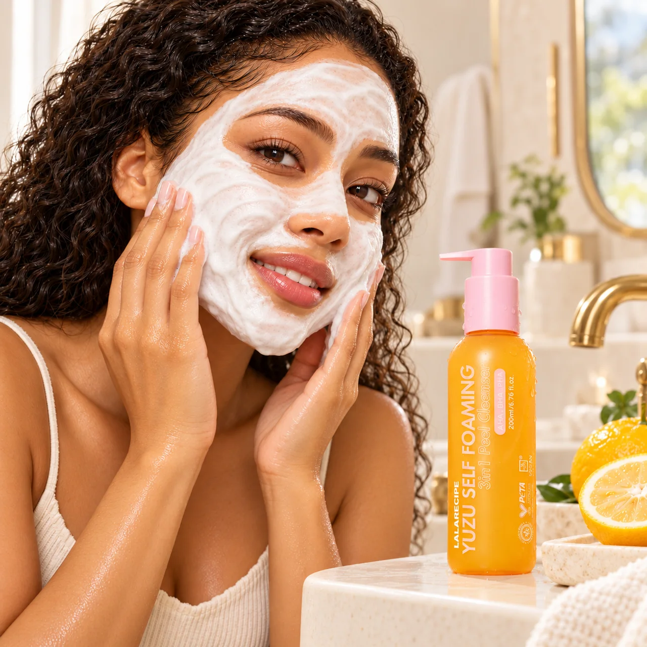 Smiling, light-skinned Black woman gently cleansing with a creamy lather beside the orange Yuzu cleanser bottle with its pink pump