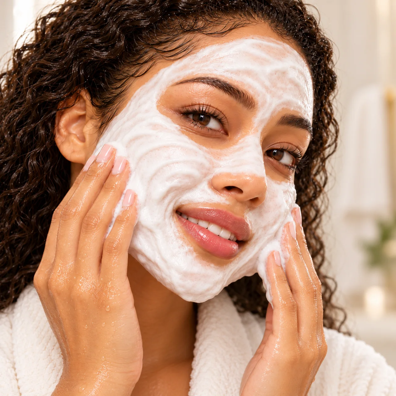 The same woman gently massaging dense white cleansing foam on her cheeks