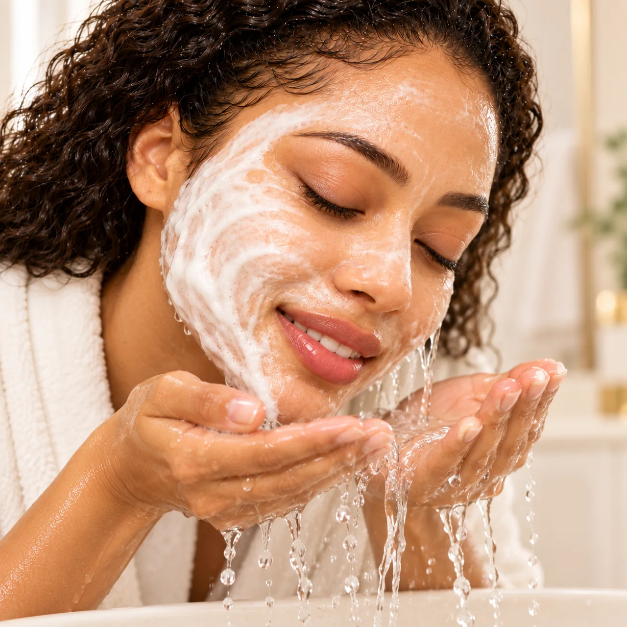 The same woman rinsing the cleanser from her face with clear water
