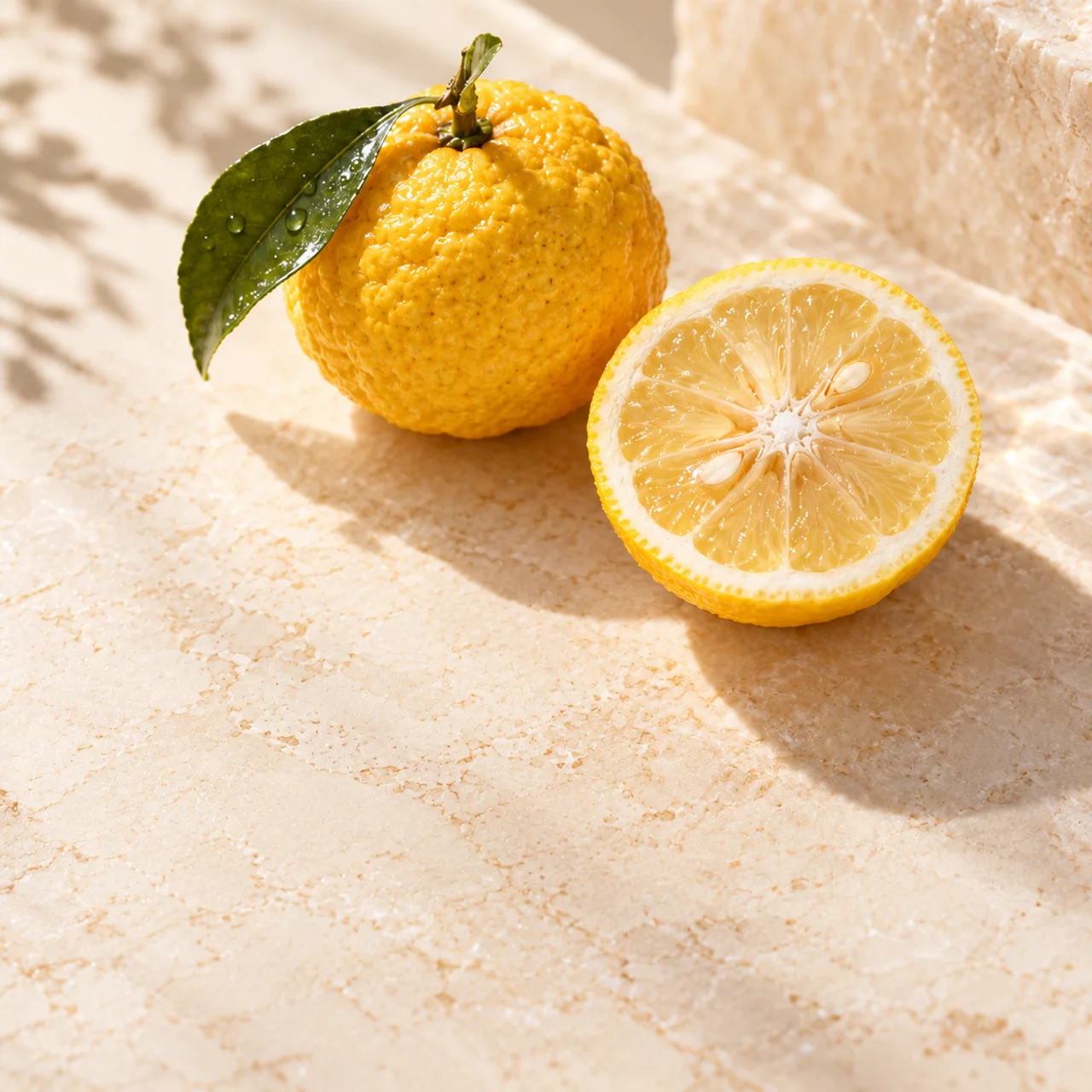 Whole and cut yuzu fruit on warm ivory stone