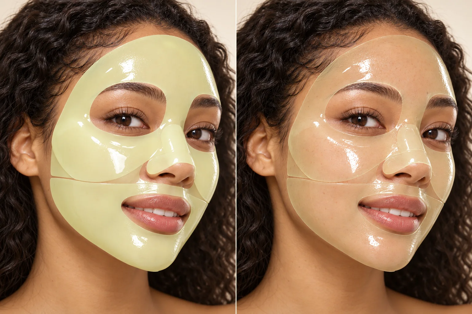 Illustrative wear progression: the same smiling, light-skinned Black woman wears a pale yellow-green PDRN hydrogel mask when first applied, then the same two-piece mask becomes nearly transparent while still on her face