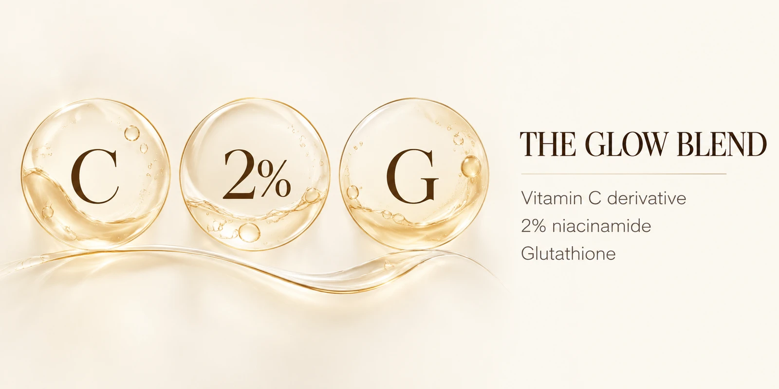 Three champagne serum lenses marked C, 2%, and G, representing the Vita brightening blend