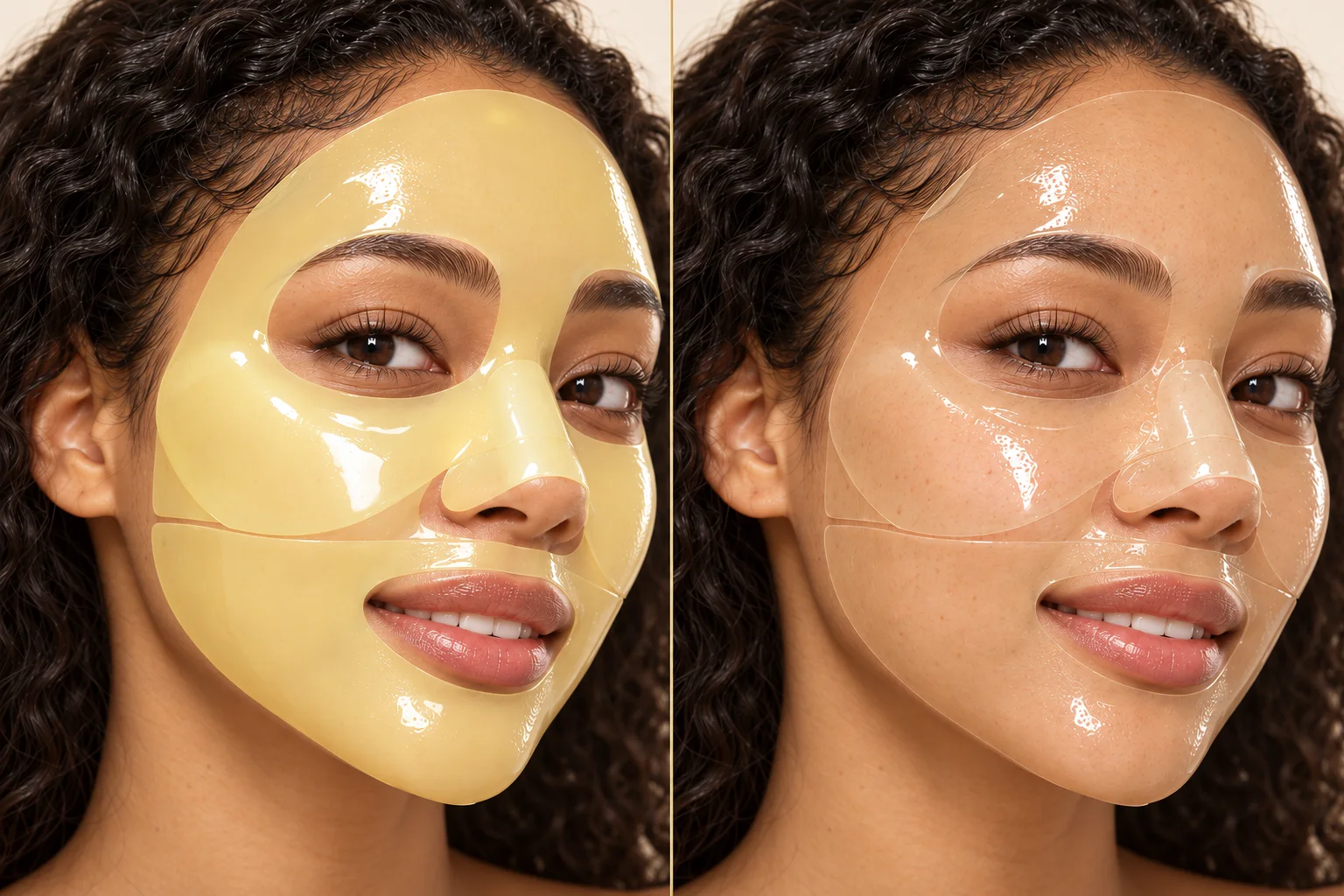 Illustrative wear progression: the same smiling, light-skinned Black woman wears a golden yellow Vita hydrogel mask when first applied, then the same two-piece mask becomes nearly transparent while still on her face