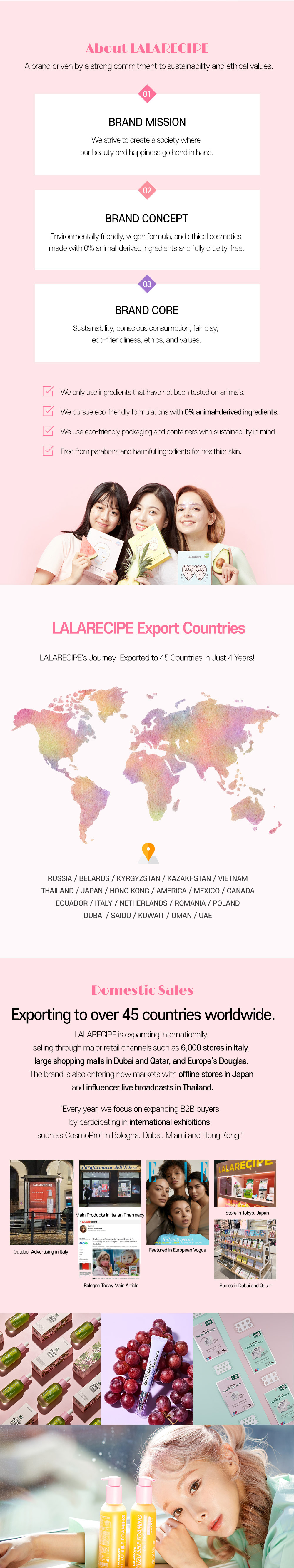 About LALARECIPE — brand mission, vegan ethics, and export to 45+ countries.