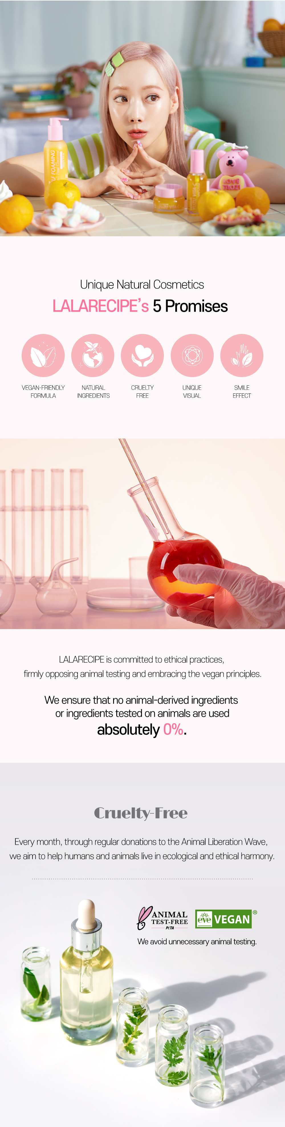 LALARECIPE's 5 promises — vegan-friendly, natural, cruelty-free, ethical practices.