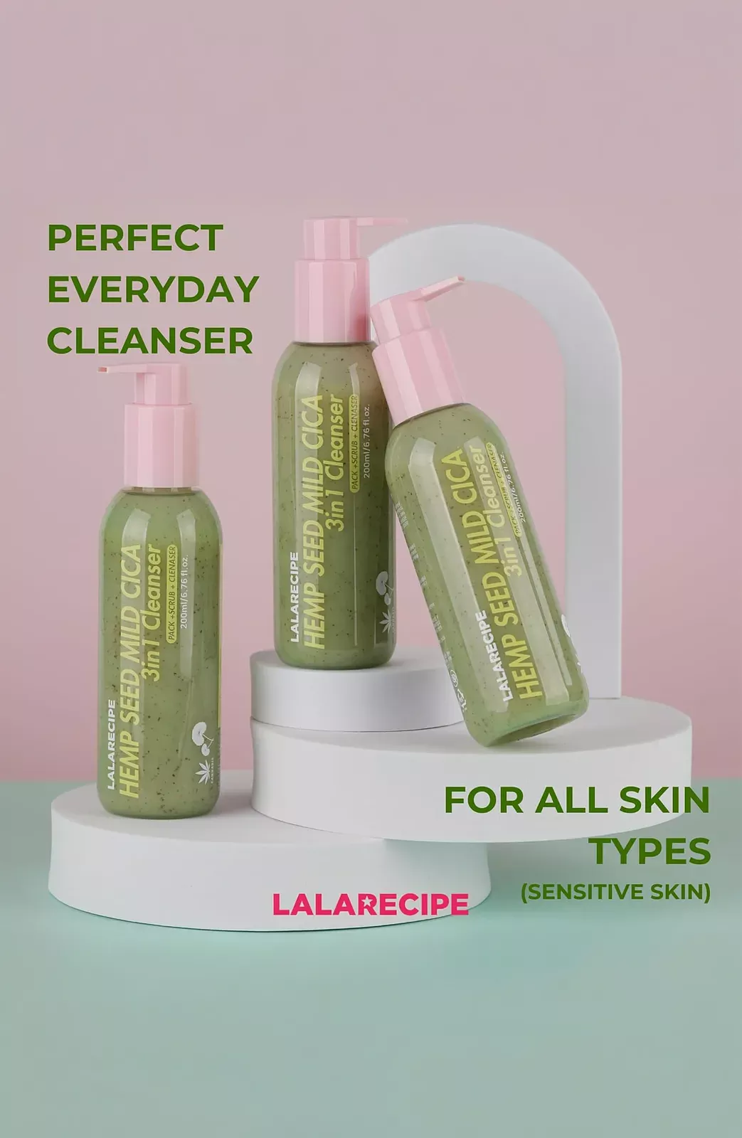 Hemp Seed Mild CICA 3-in-1 Cleanser bottles in a pastel studio setting